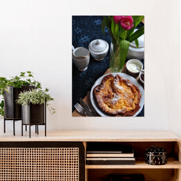 Plakat samoprzylepny Romantyczna kobieca kompozycja z kwiatami, kawą i ciastkiem