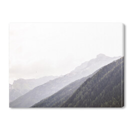 Obraz na płótnie Góra porośnięta drzewami na tle wzgórza we mgle