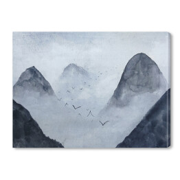 Obraz na płótnie Krajobraz z górami we mgle i kluczem ptaków