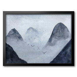 Obraz w ramie Krajobraz z górami we mgle i kluczem ptaków