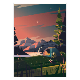 Plakat samoprzylepny Krajobraz górski z namiotem pod drzewem