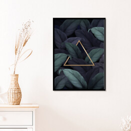 Plakat w ramie Tropikalne ciemne liście z trójkątem w złotym kolorze