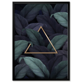 Plakat w ramie Tropikalne ciemne liście z trójkątem w złotym kolorze