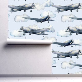 Tapeta samoprzylepna w rolce Akwarela bezszwowe wzór z samolotem i chmury. Ręcznie malowane niebo ilustracja z samolotem śmigła izolowane na pastelowym niebieskim tle. Dla projektu, wydruki, tkaniny lub tła.