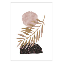 Akwarela beżowy liść palmy na tle kompozycji abstrakcji geometrycznej z białym tłem