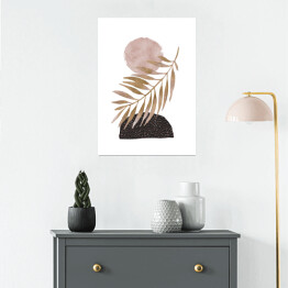 Plakat Akwarela beżowy liść palmy na tle kompozycji abstrakcji geometrycznej z białym tłem