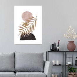 Plakat samoprzylepny Akwarela beżowy liść palmy na tle kompozycji abstrakcji geometrycznej z białym tłem