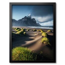 Obraz w ramie Zielone trawy i piaszczysta plaża na tle góry Vestrahorn, Islandia