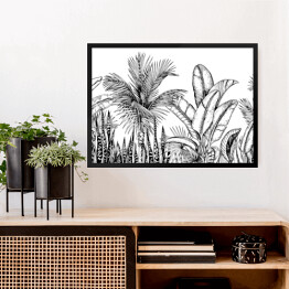 Obraz w ramie Wysokie palmy i liście bananowca - szkic roślinności