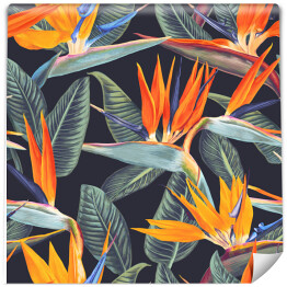 Tapeta samoprzylepna w rolce Pomarańczowe egzotyczne kwiaty i zielone liście na ciemnym tle