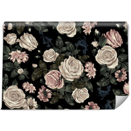 Fototapeta samoprzylepna Pastelowe róże w bladych odcieniach wśród ciemnych liści na czarnym tle