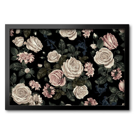 Obraz w ramie Pastelowe róże w bladych odcieniach wśród ciemnych liści na czarnym tle