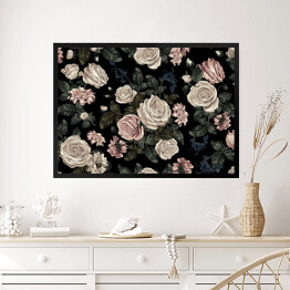 Obraz w ramie Pastelowe róże w bladych odcieniach wśród ciemnych liści na czarnym tle