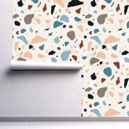 Tapeta w rolce Terrazzo geometryczna tekstura. Abstrakcyjny spójny wzór z kolorowymi posypkami rozrzuconymi na jasnym tle. Kreatywna ilustracja wektorowa dla tła, druku tekstylnego, papieru pakowego, podłogi.