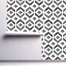 Tapeta samoprzylepna w rolce spójny czarno-biały wzór ikat. Ręcznie rysowane drukowanie na papierze. Ilustracja wektorowa.