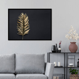 Plakat w ramie Liść palmy w złotym kolorze na ciemnym tle