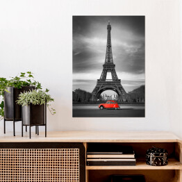 Plakat Wieża Eiffla i czerwony samochód w Paryżu