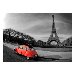 Plakat samoprzylepny Wieża Eiffla i czerwony samochód w Paryżu