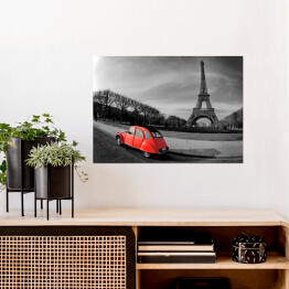 Plakat Wieża Eiffla i czerwony samochód w Paryżu