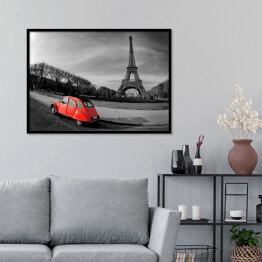 Plakat w ramie Wieża Eiffla i czerwony samochód w Paryżu