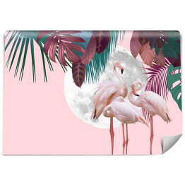 Fototapeta samoprzylepna Księżyc i flamingi tło projekt z tropikalnych liści, może być stosowany jako tło, tapeta