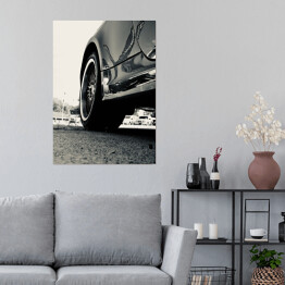 Plakat samoprzylepny Czarno biała ilustracja w stylu vintage z zabytkowym samochodem wyścigowym