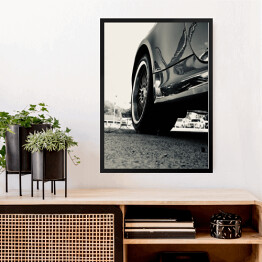 Obraz w ramie Czarno biała ilustracja w stylu vintage z zabytkowym samochodem wyścigowym