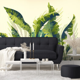 Akwarelowe malowane duże tropikalne liście bananowca, monstery i palmy 3D