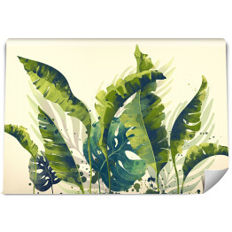 Fototapeta Akwarelowe malowane duże tropikalne liście bananowca, monstery i palmy 3D