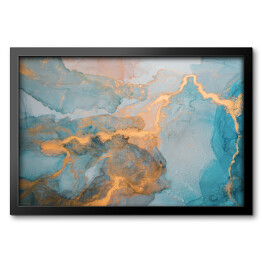 Obraz w ramie Niebieskie krople atramentu rozpuszczające się w płynie ze zdobieniami w złotym kolorze