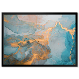 Plakat w ramie Niebieskie krople atramentu rozpuszczające się w płynie ze zdobieniami w złotym kolorze