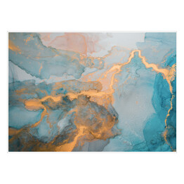Plakat samoprzylepny Niebieskie krople atramentu rozpuszczające się w płynie ze zdobieniami w złotym kolorze