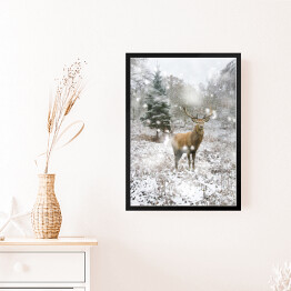 Obraz w ramie Jeleń na śnieżnej drodze