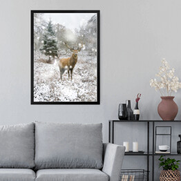 Obraz w ramie Jeleń na śnieżnej drodze