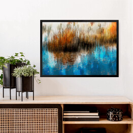 Obraz w ramie Trawy w jesiennych barwach nad jeziorem - malarstwo olejne - ilustracja