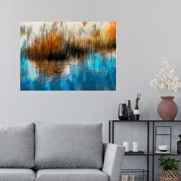 Plakat samoprzylepny Trawy w jesiennych barwach nad jeziorem - malarstwo olejne - ilustracja