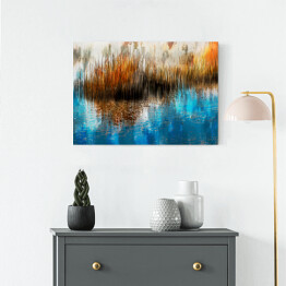 Obraz na płótnie Trawy w jesiennych barwach nad jeziorem - malarstwo olejne - ilustracja