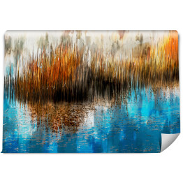 Fototapeta samoprzylepna Trawy w jesiennych barwach nad jeziorem - malarstwo olejne - ilustracja