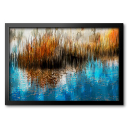 Obraz w ramie Trawy w jesiennych barwach nad jeziorem - malarstwo olejne - ilustracja