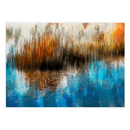 Plakat samoprzylepny Trawy w jesiennych barwach nad jeziorem - malarstwo olejne - ilustracja