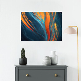 Plakat samoprzylepny Abstrakcja w odcieniach koloru niebieskiego ze zdobieniami w kolorach pomarańczowym i żółtym