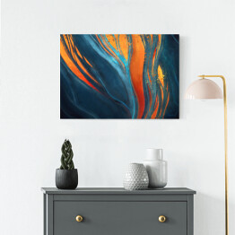 Obraz na płótnie Abstrakcja w odcieniach koloru niebieskiego ze zdobieniami w kolorach pomarańczowym i żółtym