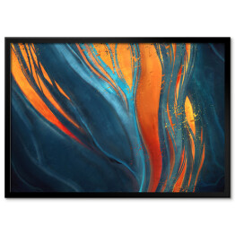 Plakat w ramie Abstrakcja w odcieniach koloru niebieskiego ze zdobieniami w kolorach pomarańczowym i żółtym