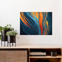 Plakat samoprzylepny Abstrakcja w odcieniach koloru niebieskiego ze zdobieniami w kolorach pomarańczowym i żółtym