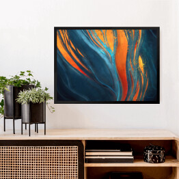 Obraz w ramie Abstrakcja w odcieniach koloru niebieskiego ze zdobieniami w kolorach pomarańczowym i żółtym
