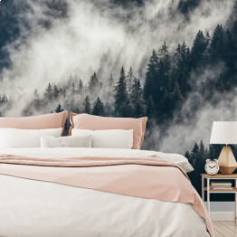 Fototapeta winylowa zmywalna Gęsta poranna mgła w alpejskim krajobrazie z jodłami i górami. 