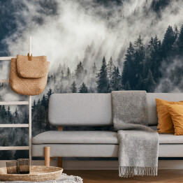 Fototapeta samoprzylepna Gęsta poranna mgła w alpejskim krajobrazie z jodłami i górami. 