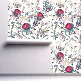Tapeta samoprzylepna w rolce Ważki i motyle wśród kwiatów w stylu vintage