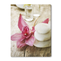 Obraz na płótnie Jasne kamienie do masażu i różowy piękny kwiat