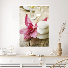 Plakat Jasne kamienie do masażu i różowy piękny kwiat